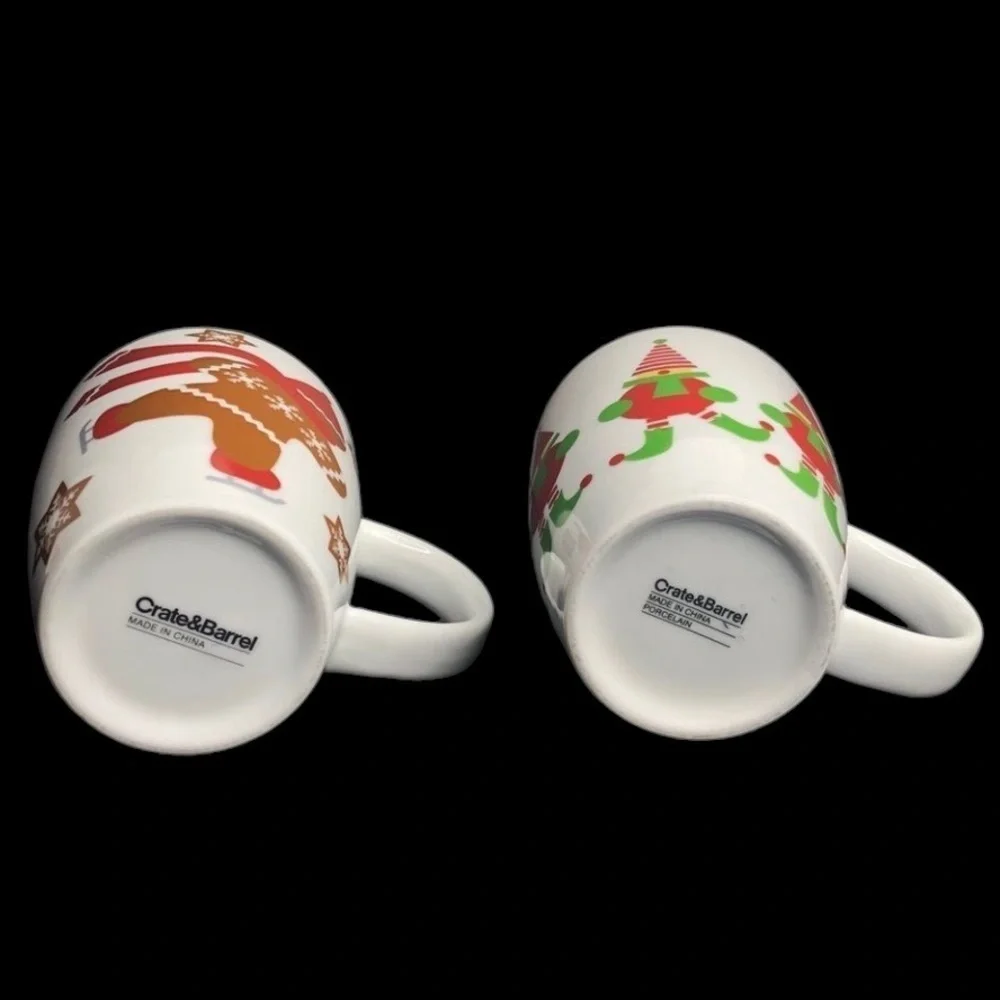 2 Crate & Barrel Skating Gingerbread Boy + Jingle Elves Christmas Mugs in EUC